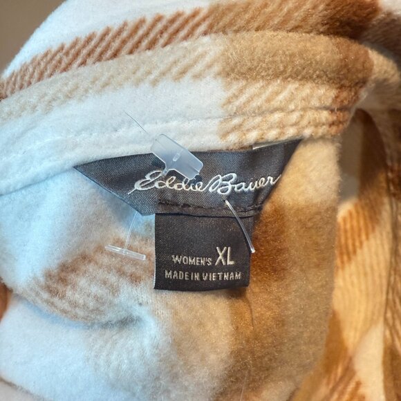 Eddie Bauer Women XL Fleece Shacket Shirt Jacket Buttons Brown Plaid Oversized - Picture 3 of 9
